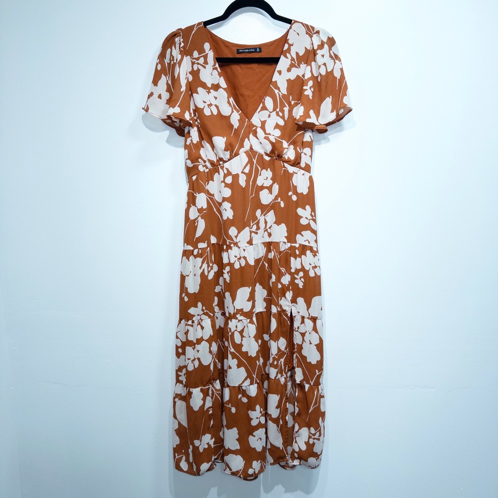 Abercrombie & Fitch Burnt Orange Floral Tiered Midi Dress Size Medium